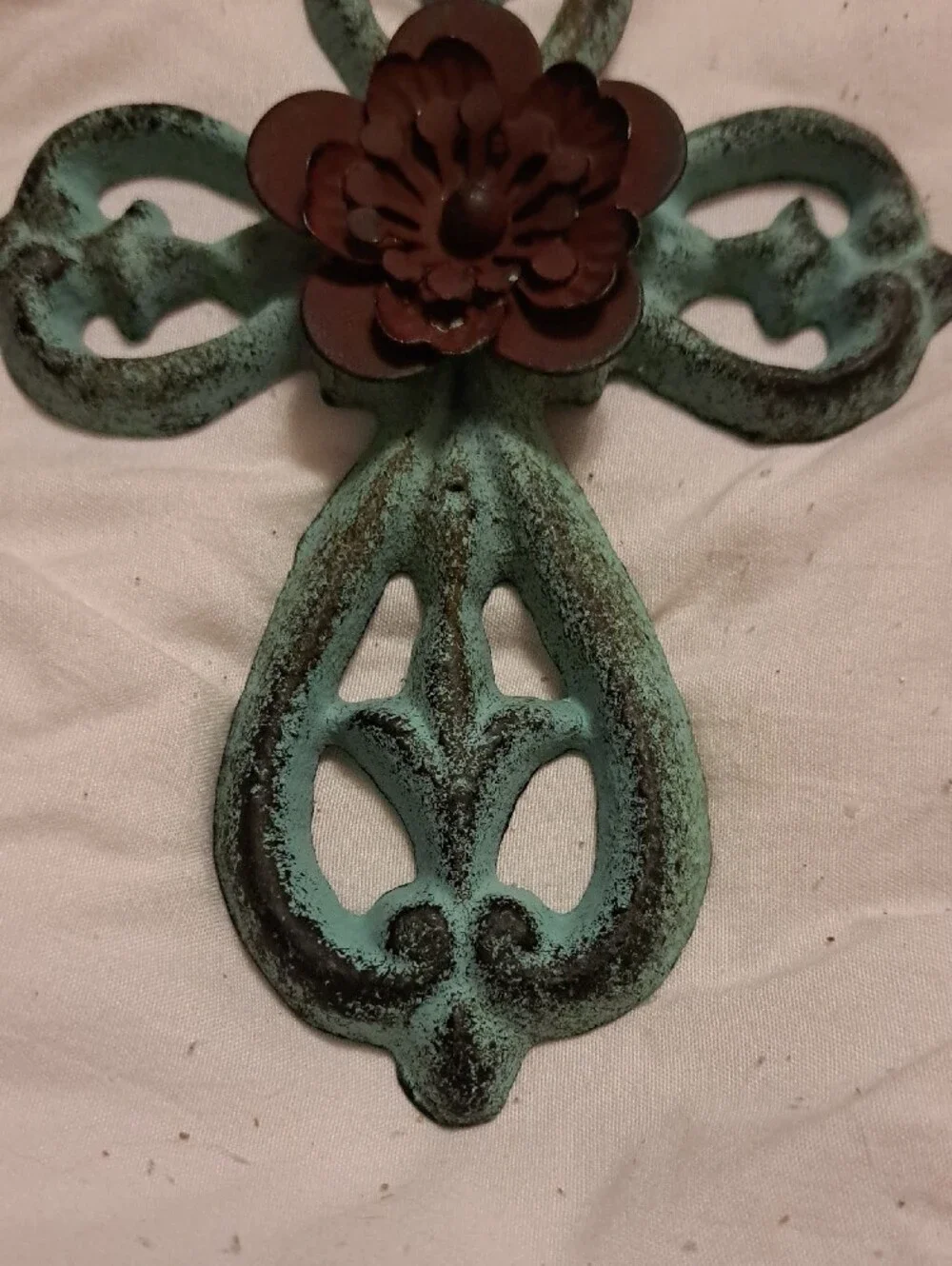 Hobby Lobby Patina Turquoise Wall Cross with Brown Flower
